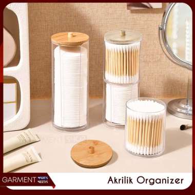 Box Akrilik Kapas Kosmetik Toples Cotton Bud Transparan Multifungsi Dengan Tutup Kayu Aesthetic NO B