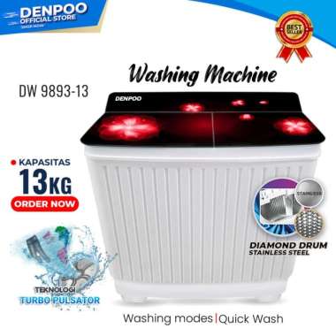 MESIN CUCI 2 TABUNG STAINLESS STEEL DENPOO DW 9893- 13KG Unit Only WhiteBlack JABODETABEK