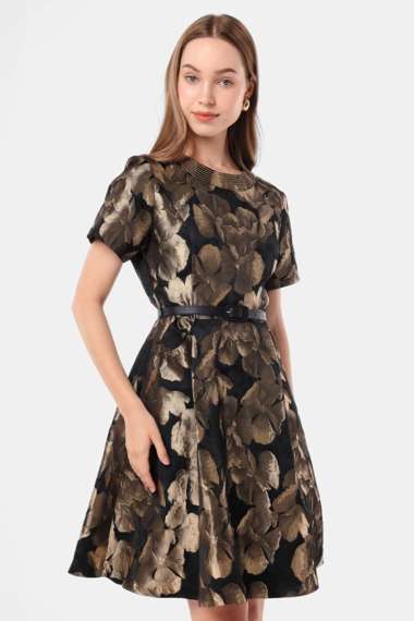 MINIMAL - Golda - Dress Jacquard Motif Bunga - Black L Black