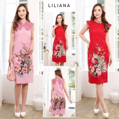 Evercloth Liliana Dress Wanita Batik Couple Modern Dress Batik Modern Gaun Pesta Merah RED