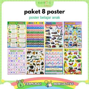 Paket 8 Poster Belajar Anak Edukasi Huruf, Angka, Transportasi, Hewan, Hijaiyah, Doa dll