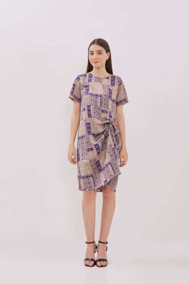 MINIMAL - Malika - Dress Serut Motif Tenun Bunga - Navy M Navy