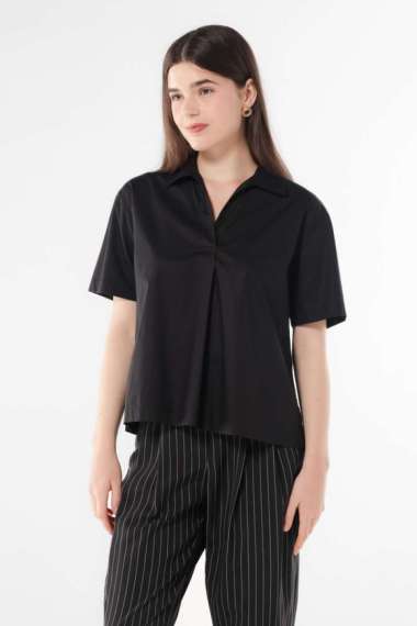 MINIMAL - Alina - Blus V Neck Kerah Skipper - Black XL Black