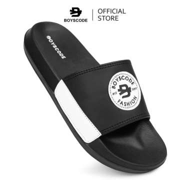 BOYSCODE Sendal Selop Karet Distro Pria Wanita Logo Oval Emboss Hitam Putih / Slop Pria / Slip On Pr