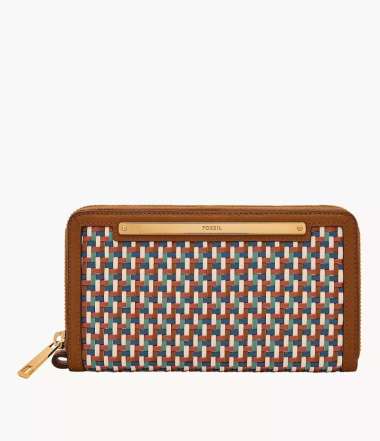 Fossil Liza Leather Zip Clutch Blue Multi Woven Dompet Wanita SL10042-403