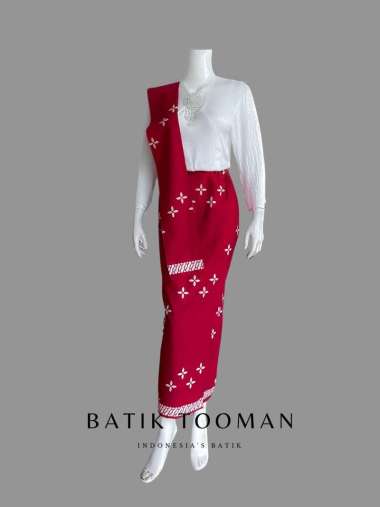 ALRUMI Merah Rok Batik Span Instan Resleting Warna Red Katun Halus Berselendang L