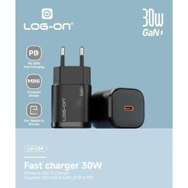BATOK CHARGER LOG ON 30W LO-C59 FAST CHARGING POWERED BY GAN - ADAPTOR CHARGER LOG ON 30W HITAM