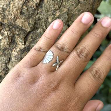 Cincin Ring Perak silver Bali Asli 925 Ukir Kerang Bintang Laut Star fish Kecil Midi Wanita Pria Lak