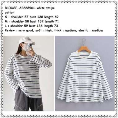 AB868961 Baju Atasan Kaos Blouse Garis Putih Lengan Panjang Wanita Korea Import White Stripe Salur J