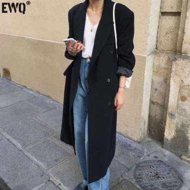 Jas Long Coat Blazer Terbaru Wanita Koreaan Style Hangat Cewe XXXL black