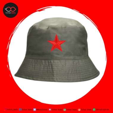 Topi Bucket Bintang Merah Hijau Army