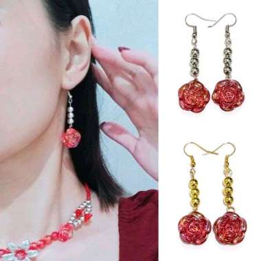 Lingling Red Rose Hook Earrings Anting Bunga Mawar Merah Imlek Sangjit CNY ER Lingling Gold