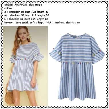 AB270021 Pom Pom Mini Dress Garis Blue White Biru Putih Wanita Korea Import