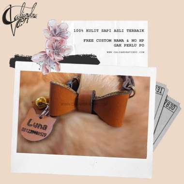 VERISH Kalung Kucing Nama Custom Kulit Asli Premium Original Tan Bentuk Pita