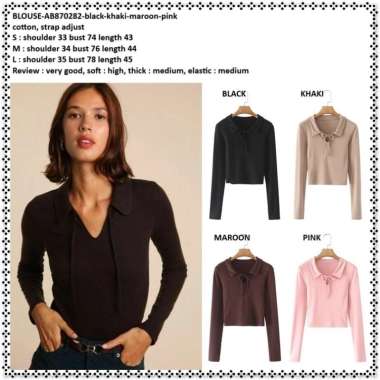AB870282 Baju Atasan Blouse Kemeja Lengan Panjang Wanita Korea Import Hitam Pink Merah Maroon Red Bl