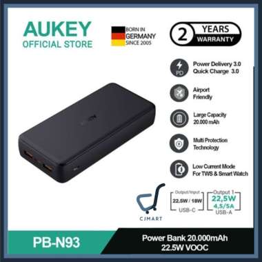 AUKEY Powerbank 20000mah PB-N93-BK VOOC USB C 22.5W PD 3.0 Slim