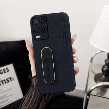 Standing Case Ring Oppo A54 Luxury Plain Leather Hitam