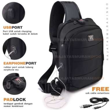 GEAR BAG KEY 13132 - Tas Selempang Pria Anti Theft Casual With USB - Abu-abu Hitam
