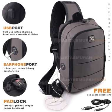GEAR BAG KEY 13132 - Tas Selempang Pria Anti Theft Casual With USB - Abu-abu Abu-abu