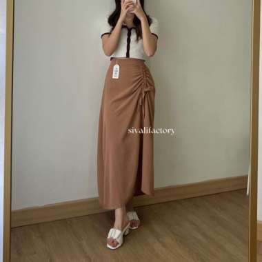 Tamara Skirt - Rok Serut Casual Flowly Wanita - Midi Maxi Ruched Skirt - Putih Choco