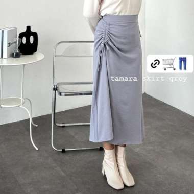 Tamara Skirt - Rok Serut Casual Flowly Wanita - Midi Maxi Ruched Skirt - Putih Grey