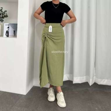 Tamara Skirt - Rok Serut Casual Flowly Wanita - Midi Maxi Ruched Skirt - Putih Sage
