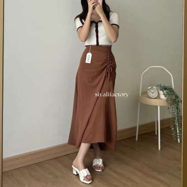 Tamara Skirt - Rok Serut Casual Flowly Wanita - Midi Maxi Ruched Skirt - Putih Brown