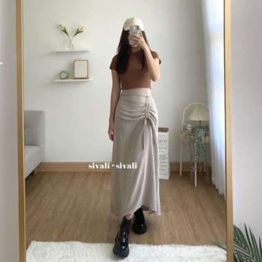 Tamara Skirt - Rok Serut Casual Flowly Wanita - Midi Maxi Ruched Skirt - Putih Ivory