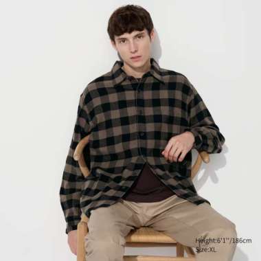 UNIQLO Kemeja Flannel Pria Lengan Panjang Kotak kotak Dark brown S