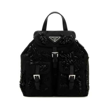 Prada Enamel Triangle Logo Nylon Mini Crossbody Black Black