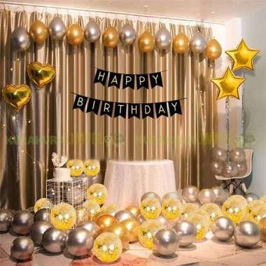Paket Set Dekorasi Balon Ulang Tahun Happy Birthday Set Confetti Gold Silver