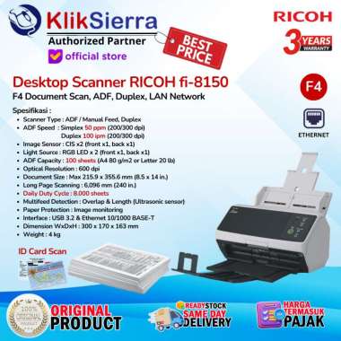 RICOH fi-8150 Desktop Document Scanner 50 ppm - ADF, Manual Feed, Duplex 100 ipm - FUJITSU fi8150 US