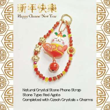 CUSTOM PHONE STRAP CRYSTAL STONE ASLI BATU ALAM NATURAL KUCING KEBERUNTUNGAN NEKO LUCKY CAT IMLEK SI