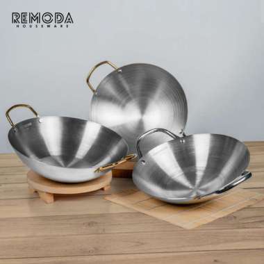 Onomane Wajan Penggorengan Kuali Mini Stainless Steel Gagang Kuping & Kayu 20-32cm Wajan Gagang Kayu