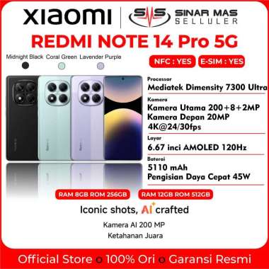 Xiaomi Redmi Note 14 Pro 5G (8/256 | 12/512GB) Garansi Resmi RAM 8 ROM 256GB Lavender Purple