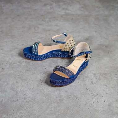 Sepatu CHRISTIAN LOUBOUTIN PYRACLOU 6CM GLITTER BLUE SPIKE WEDGES 100% ORIGINAL 38