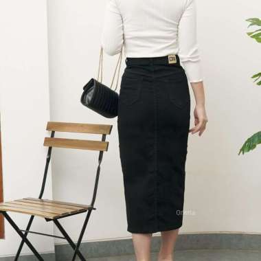 Onetta - ELOISE (Black) - Rok Jeans Kancing Panjang Span Denim Wanita High Waist Belah Tengah Size M