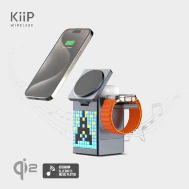 KiiP Wireless T3 6in1 Wireless Charging Station Fast Charging 15W Qi2 LED Speaker Portable Abu-abu