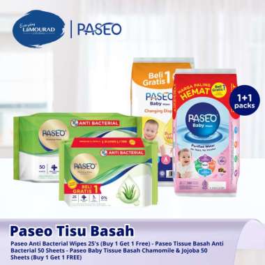BELI 1 GRATIS 1 Paseo Tissue Basah Anti Bacterial 25's - Paseo Baby Tissue Basah Chamomile / Jojoba 
