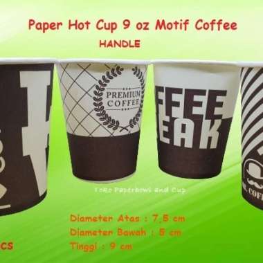 Paper Hot Cup 9 oz 210 ml HANDLE MOTIF isi 50 pcs Gelas kertas RANDOM