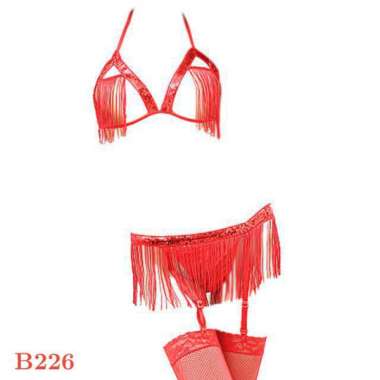 Manmu Allure B226 Bra Set Bralette Pakaian Dalam Wanita Seksi BH Halter Open Cup Merah CD Garter Bel
