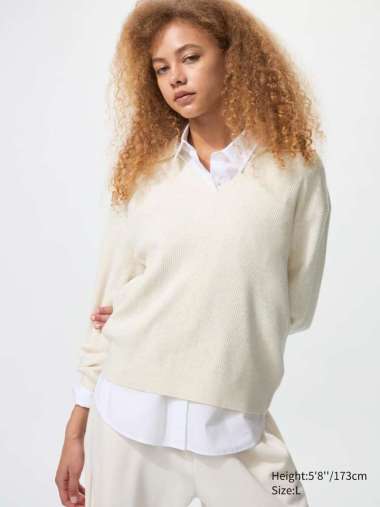 UNIQLO Sweater Polo Rib Wanita Knit Rajut Washable Matching Set NATURAL XL