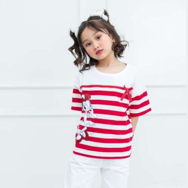 Rodeo Junior Kaos Oversize Salur Anak Perempuan Merah Putih/ Oversize Stripped Tshirt Girl Red White
