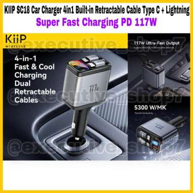 KIIP SC18 Car Charger 4 in 1 Built-in Rectractable Cable Type C + Lightning - Super Fast Charging PD
