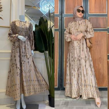 Amoreby Klambi Dress Wanita DiorSilk Gamis Terbaru Lengan Karet Panjang Maxidress Kerah Dasi Kekinia