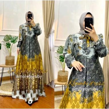 Amoreby Klambi Dress Wanita DiorSilk Gamis Terbaru Lengan Karet Panjang Maxidress Kerah Dasi Kekinia