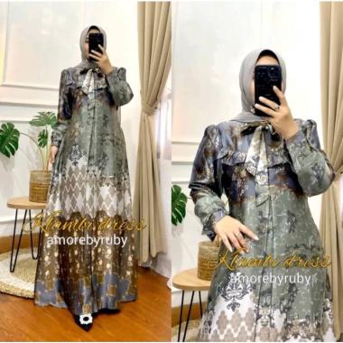 Amoreby Klambi Dress Wanita DiorSilk Gamis Terbaru Lengan Karet Panjang Maxidress Kerah Dasi Kekinia