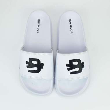 Sandal Selop Distro Pria Wanita BOYSCODE Big Logo Putih Full White / Sandal Karet / Slip On / Slop /