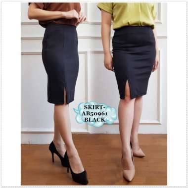 AB50961 Rok Span Scuba Midi Belah Hitam Black Kerja Pesta Wanita Korea