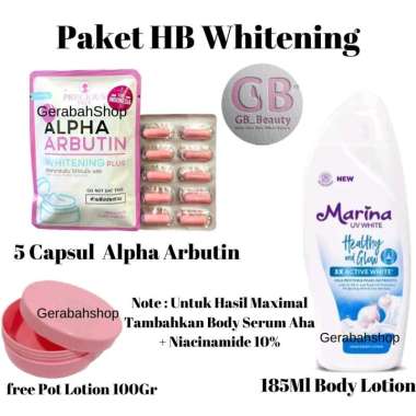 Paket Hb Whitening Bubuk Capsul Alpha Arbutin Marina Body Lotion Pemutih Badan Glowing